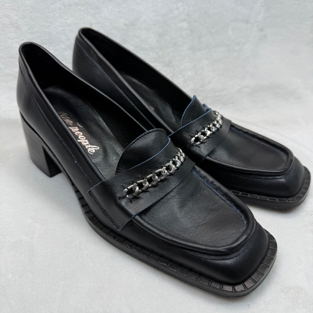 Free People Hayden Black Leather Heeled Loafers Chain Accent Size 41 US 10